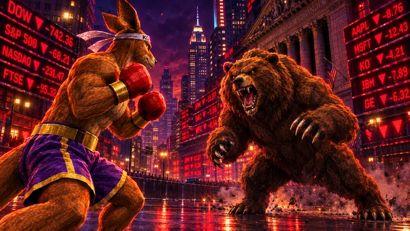 The boxing kangaroo squares up to a roaring bear in front of the stock exchange, red tickers all around.