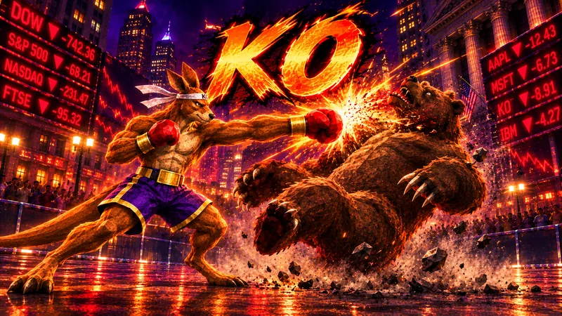 A flaming K.O. sign above the kangaroo as its punch knocks the bear back.