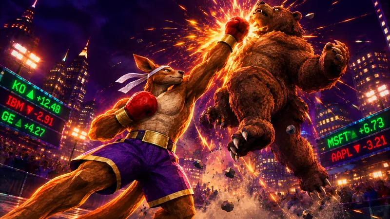 The kangaroo lands an uppercut and the bear flies up in a burst of sparks.