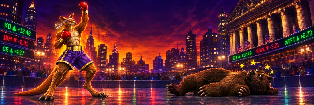 The kangaroo raises a glove in victory while the bear lies knocked out with stars circling its head; the tickers have turned green.